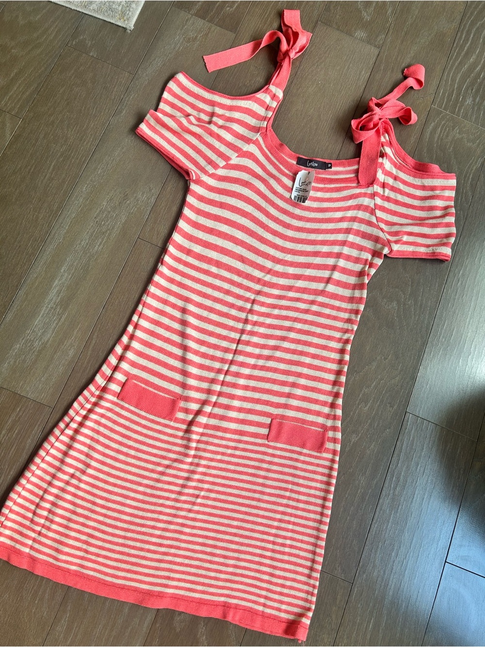 Léeloo Cold-Shoulder Stripe Swim Coverup Dress in Coral and Cream size Small